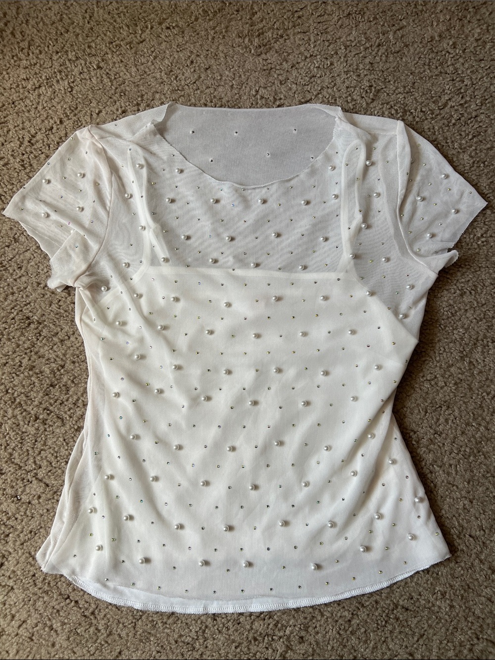 (NWOT) White Pearl-Sheer Short Sleeve Top